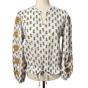 Luna Moon White Floral Blouse Top Yellow Embroidered Flowers Women’s Sz M Boho